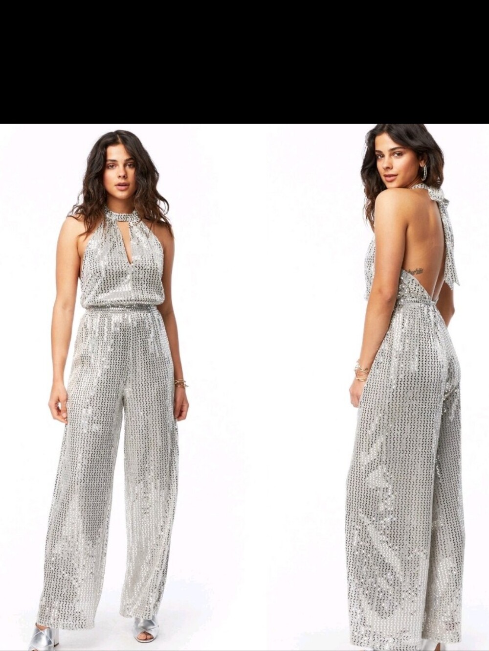 Lost & Wander Silver Metallic Sequin Jumpsuit M NWT